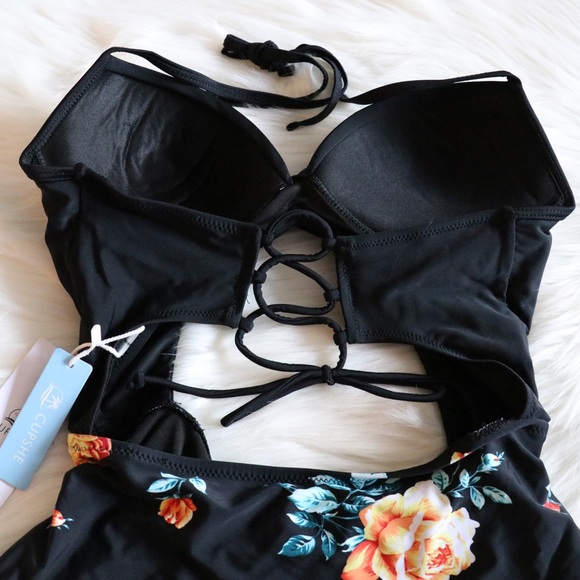 Black Floral Print Halter One Piece Swimsuit Sz L= - Picture 10 of 13